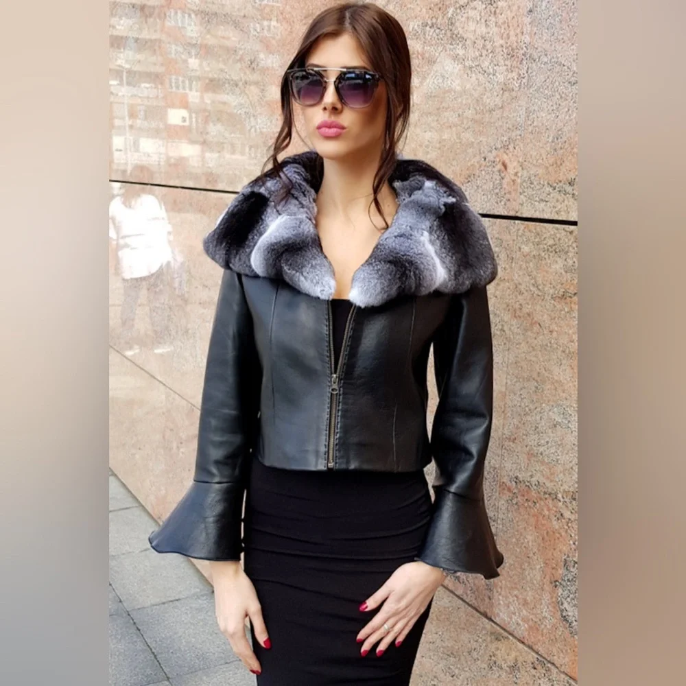 Leather jacket with faux Chinchilla trim - Picture 9 of 9